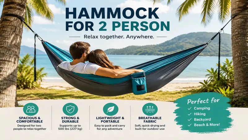 hammock for 2 person relaxing on a tropical beach with palm trees