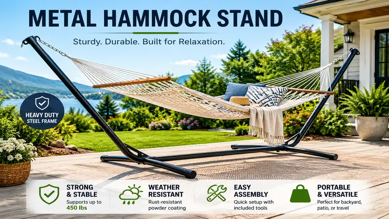 metal hammock stand with durable steel frame and comfortable hammock in a modern backyard