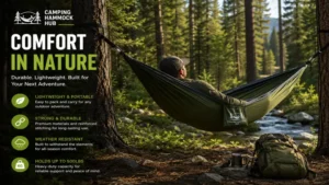 Camping Hammock Hub with durable hammock setup between trees in a peaceful forest campsite