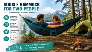 hammock for 2 person at a mountain camping site with lake view