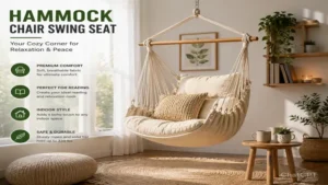 hammock chair swing seat in a bright indoor reading corner with modern boho style