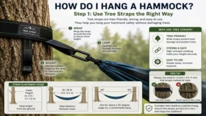 Close-up of hammock tree straps wrapped securely around trees for how do i hang a hammock tutorial