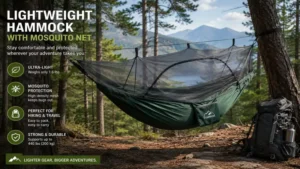 lightweight hammock with mosquito net hanging between trees during a hiking trip