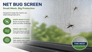 Net bug screen closeup showing fine mesh blocking mosquitoes and insects