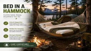 bed in a hammock offering comfortable sleep during a camping adventure beside a tent and campfire