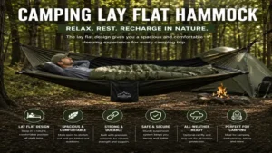 camping lay flat hammock suspended between trees at a forest campsite with sleeping gear