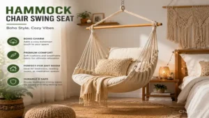 hammock chair swing seat in a cozy boho bedroom with soft neutral textures