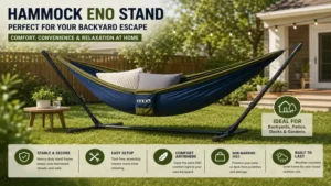 Hammock eno stand set up in a backyard patio for comfortable outdoor relaxation