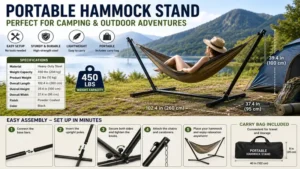 hammock stand portable camping setup with product dimensions, quick assembly guide, and strong outdoor durability