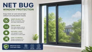 Net bug window protection installed in a modern home for fresh airflow