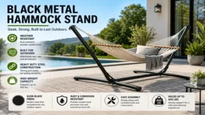 black metal hammock stand with weather resistant finish beside a modern outdoor pool area