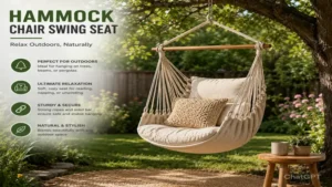 hammock chair swing seat hanging from a backyard tree in a peaceful garden