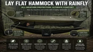 lay flat hammock with rainfly and bug net providing all weather outdoor camping protection