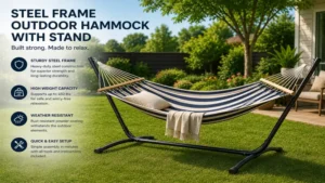 outdoor hammock with stand with durable steel frame on a garden lawn