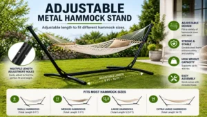 adjustable metal hammock stand designed to fit different hammock sizes in a garden setting