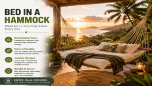 bed in a hammock overlooking breathtaking tropical ocean views at sunset
