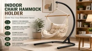 chair hammock holder used in a cozy indoor living room relaxation setup