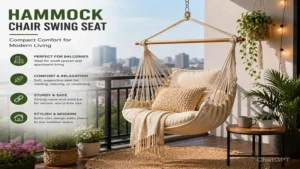hammock chair swing seat on a modern apartment balcony with city view