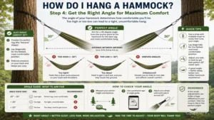 Diagram showing the correct hammock hanging angle for people asking how do i hang a hammock comfortably