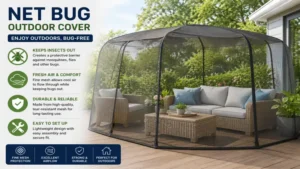Net bug outdoor cover creating a bug free and comfortable patio space