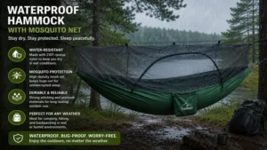 waterproof hammock with mosquito net protecting campers from insects and moisture