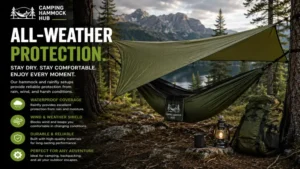 Camping Hammock Hub with hammock and rainfly shelter setup for all-weather outdoor camping