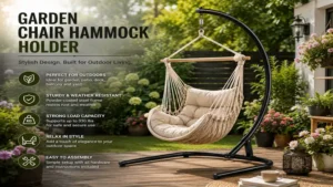 chair hammock holder placed in a beautiful garden patio with outdoor decorative plants