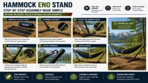 Hammock eno stand step-by-step assembly guide with quick and tool-free setup