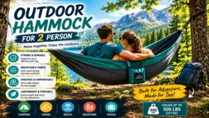 hammock for 2 person hanging outdoors near a scenic mountain lake