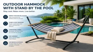 outdoor hammock with stand by the pool in a luxury outdoor space