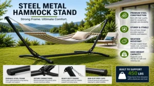 steel metal hammock stand with premium construction and stable curved base for backyard comfort