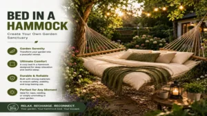 bed in a hammock surrounded by flowers and greenery in a tranquil garden space