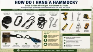 Essential hammock hanging hardware and tools displayed for how do i hang a hammock installation