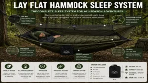 lay flat hammock sleep system with bug net underquilt and camping suspension setup