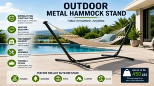 outdoor metal hammock stand placed near a luxury poolside patio for relaxing outdoor use