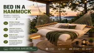 bed in a hammock representing a modern outdoor lifestyle focused on comfort and leisure