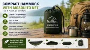 compact hammock with mosquito net folded into a portable carry bag for easy transport