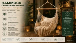 hammock chairs and swings designed for a relaxing leisure area with detailed infographic feature analysis