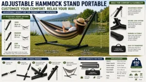 hammock stand portable adjustable height system with flexible comfort settings, secure frame, and portable storage