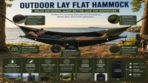 outdoor lay flat hammock by a lakeside campsite for scenic relaxation and comfortable sleep