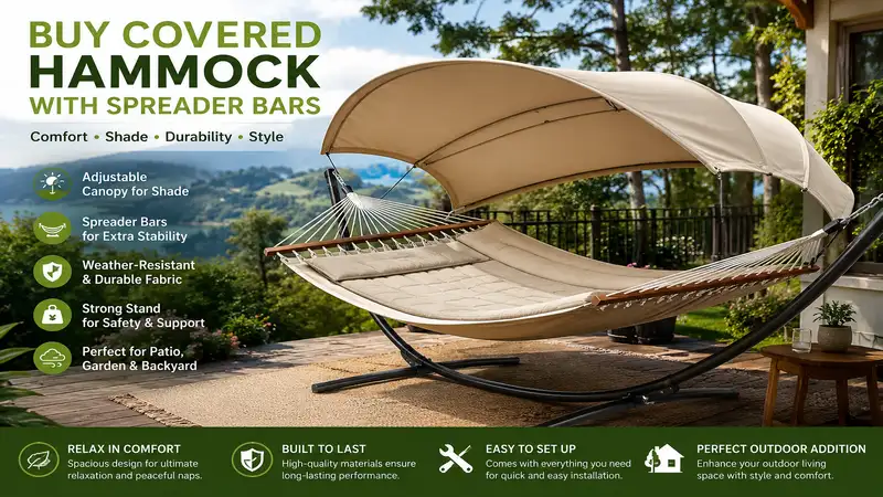 buy covered hammock with spreader bars for comfortable outdoor relaxation in a stylish backyard setting