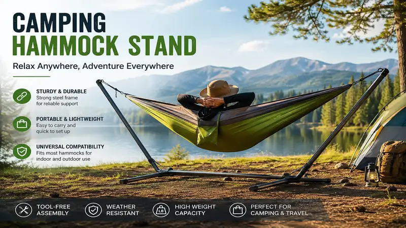 camping hammock stand set up outdoors at a campsite with a hammock suspended between a portable frame beside a scenic lake