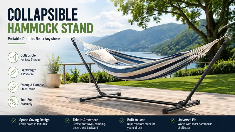 collapsible hammock stand set up outdoors with a comfortable hammock for portable backyard relaxation