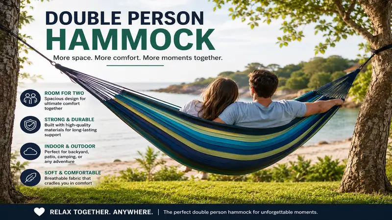 Double person hammock suspended between trees, providing a comfortable outdoor relaxation space for two people