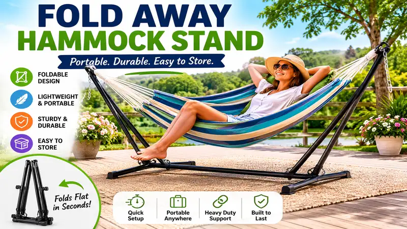 Fold away hammock stand set up in a backyard for comfortable outdoor relaxation