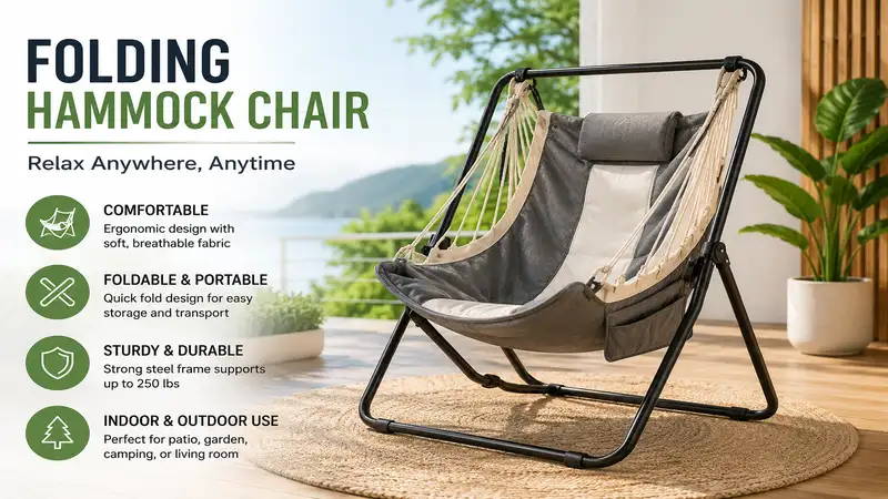 Comfortable folding hammock chair with sturdy frame for relaxing indoors and outdoors