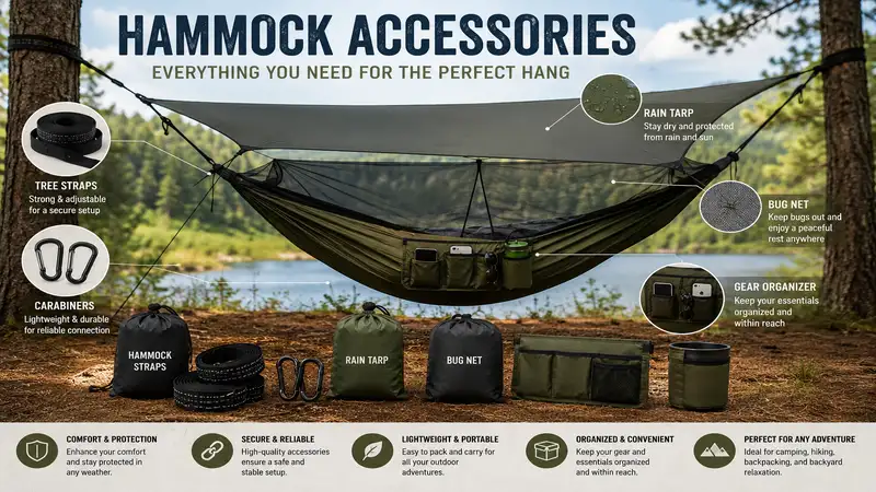 Complete hammock accessories setup featuring straps, bug net, rain tarp, gear organizer, underquilt, and cup holder for outdoor camping comfort