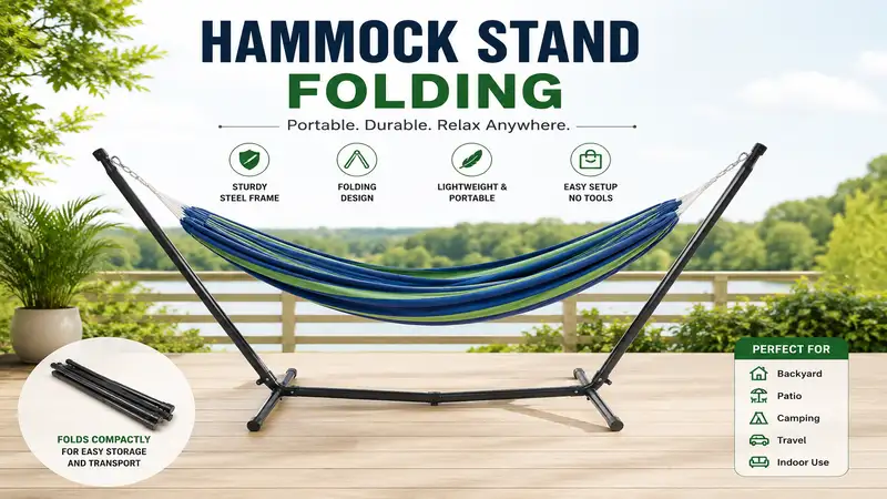 hammock stand folding displayed in a modern backyard for portable outdoor relaxation