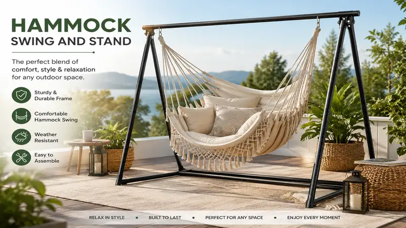 Modern hammock swing and stand on an outdoor patio with comfortable cushions and a relaxing atmosphere