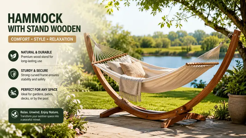 hammock with stand wooden in a peaceful outdoor garden with a durable curved wooden frame for comfortable relaxation